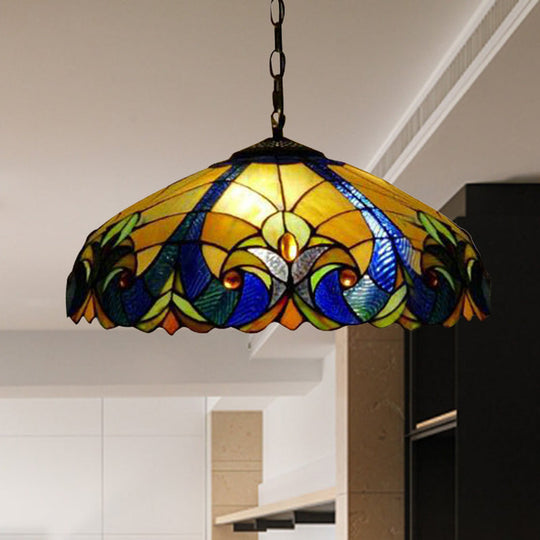 Tiffany Flared Ceiling Lamp - 4-Head Stained Art Glass Hanging Light Kit in Yellow/Blue for Bedrooms