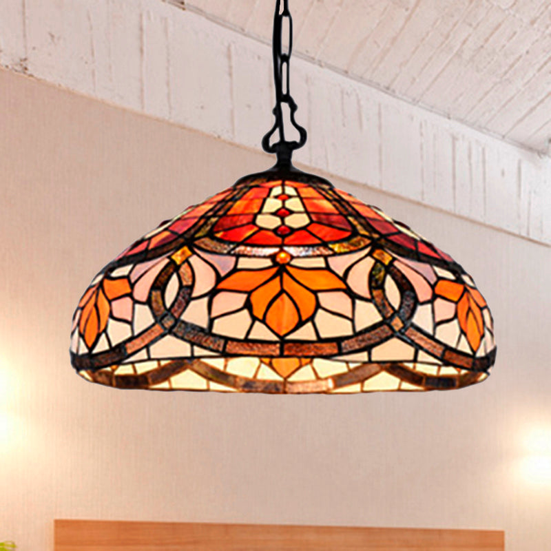 Black Stained Glass Dome Hanging Lamp: Tiffany Antique Pendant Light For Dining Room Orange / 16