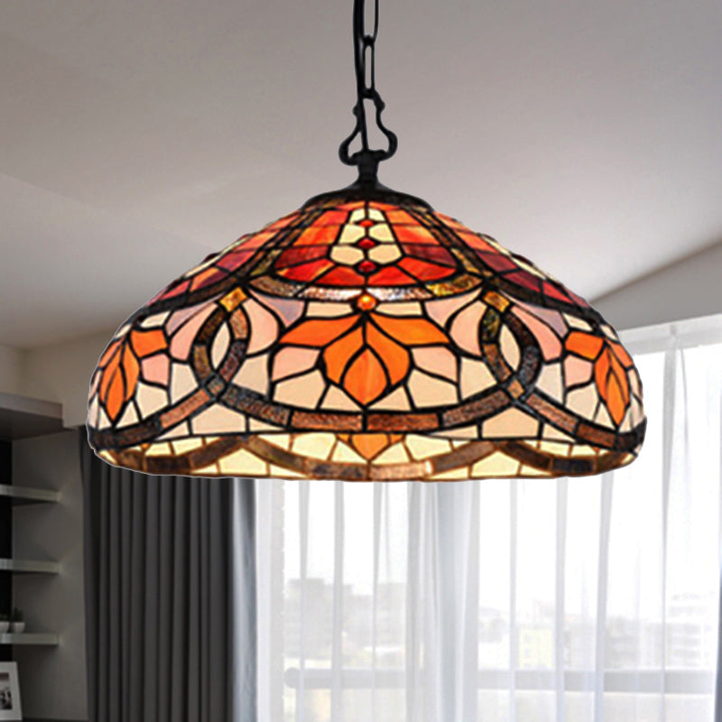 Black Stained Glass Dome Hanging Lamp: Tiffany Antique Pendant Light For Dining Room Orange / 12