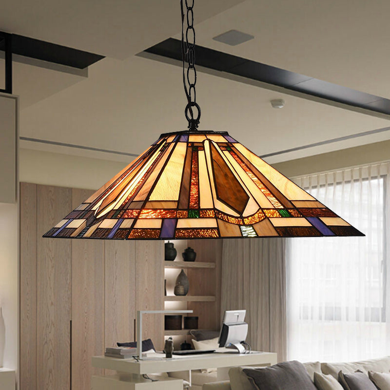 Rhombus/Shell Tiffany Ceiling Lamp - 1 Head Brown Stained Glass Pendant Light For Dining Room /