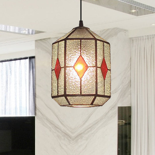 Tiffany Style Red/Green Stained Glass Hanging Light - 1-Light Stainless Cylinder Pendant With