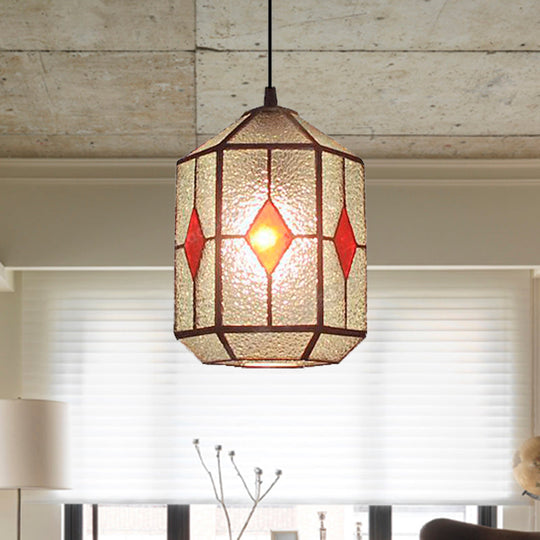 Tiffany Style Cylinder Hanging Light with Rhombus/Leaf Pattern - 1 Red/Green Down Light on Stainless Glass