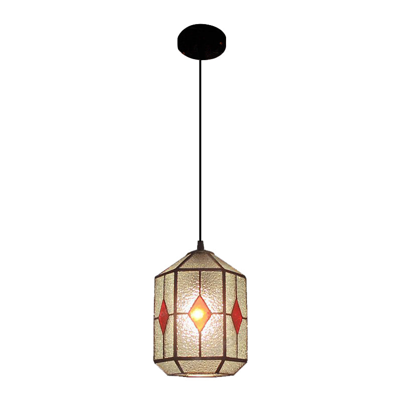 Tiffany Style Cylinder Hanging Light with Rhombus/Leaf Pattern - 1 Red/Green Down Light on Stainless Glass