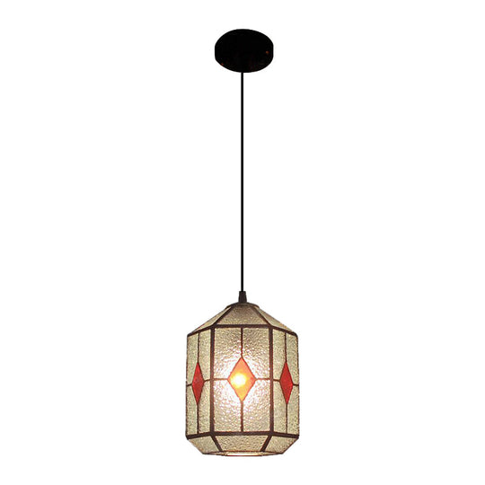 Tiffany Style Red/Green Stained Glass Hanging Light - 1-Light Stainless Cylinder Pendant With