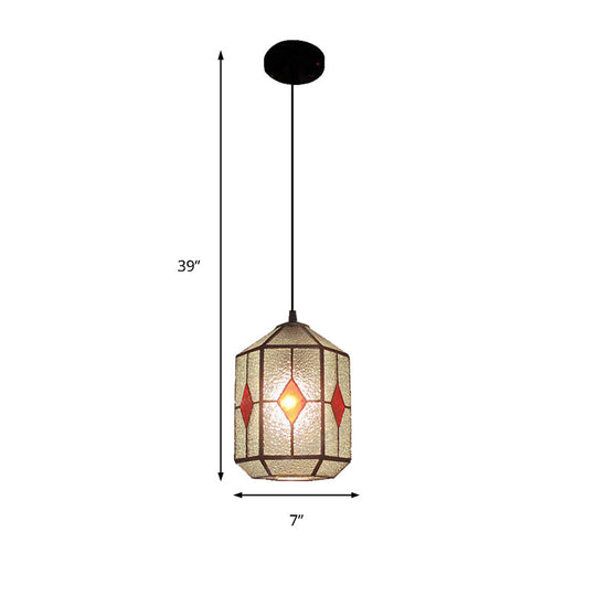 Tiffany Style Cylinder Hanging Light with Rhombus/Leaf Pattern - 1 Red/Green Down Light on Stainless Glass