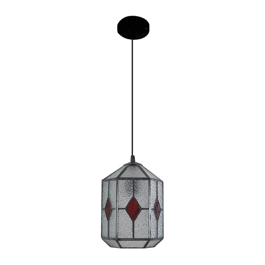 Tiffany Style Cylinder Hanging Light with Rhombus/Leaf Pattern - 1 Red/Green Down Light on Stainless Glass