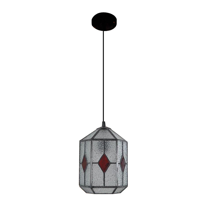 Tiffany Style Red/Green Stained Glass Hanging Light - 1-Light Stainless Cylinder Pendant With