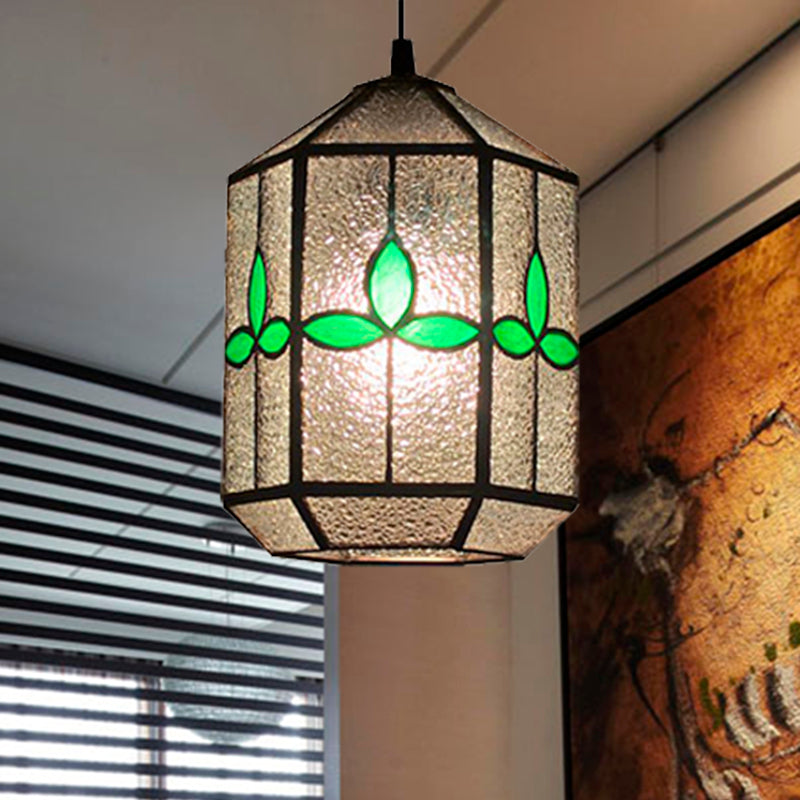 Tiffany Style Red/Green Stained Glass Hanging Light - 1-Light Stainless Cylinder Pendant With