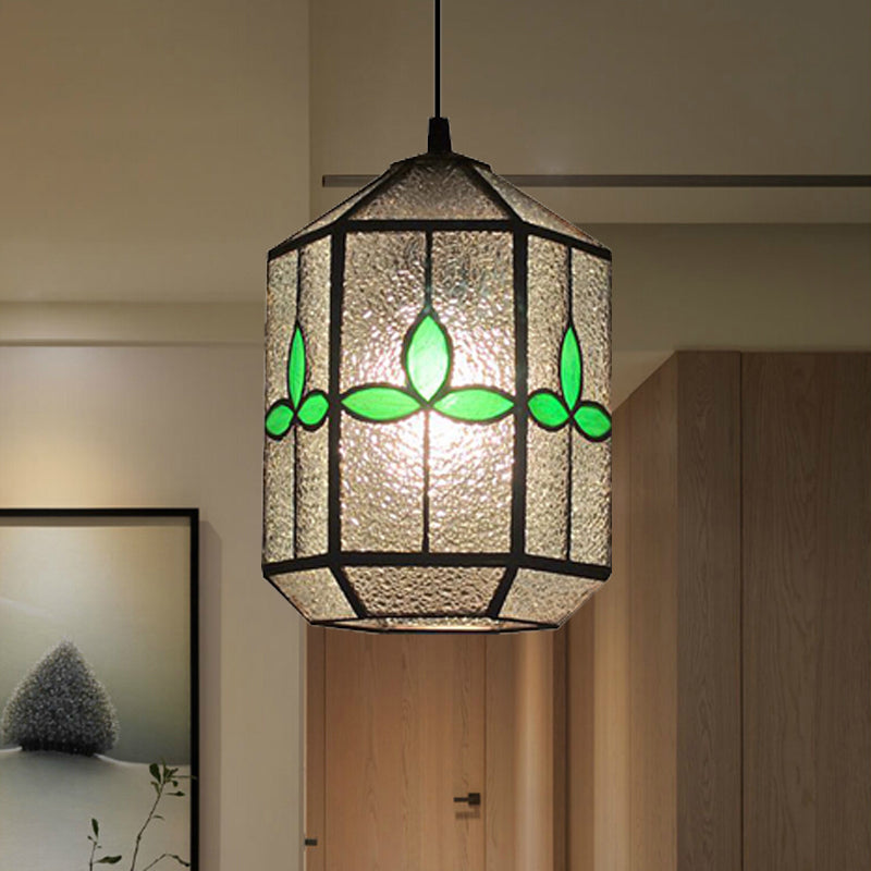 Tiffany Style Cylinder Hanging Light with Rhombus/Leaf Pattern - 1 Red/Green Down Light on Stainless Glass