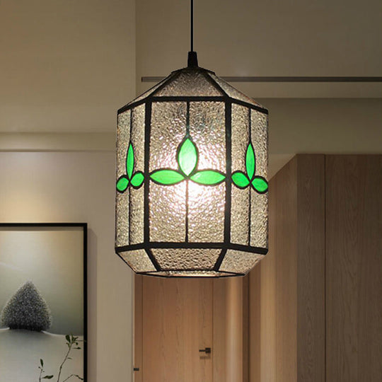 Tiffany Style Red/Green Stained Glass Hanging Light - 1-Light Stainless Cylinder Pendant With