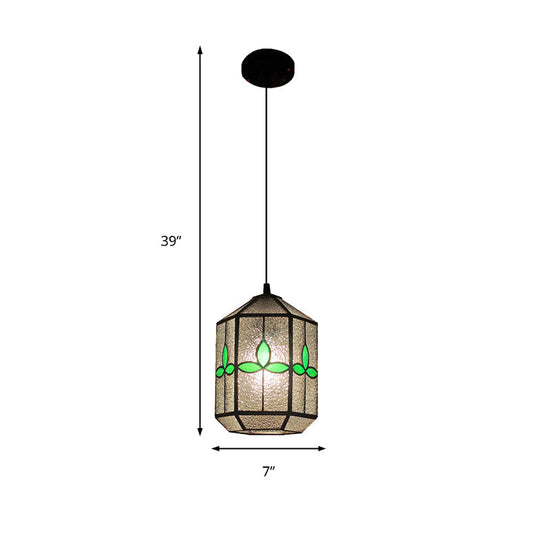 Tiffany Style Cylinder Hanging Light with Rhombus/Leaf Pattern - 1 Red/Green Down Light on Stainless Glass