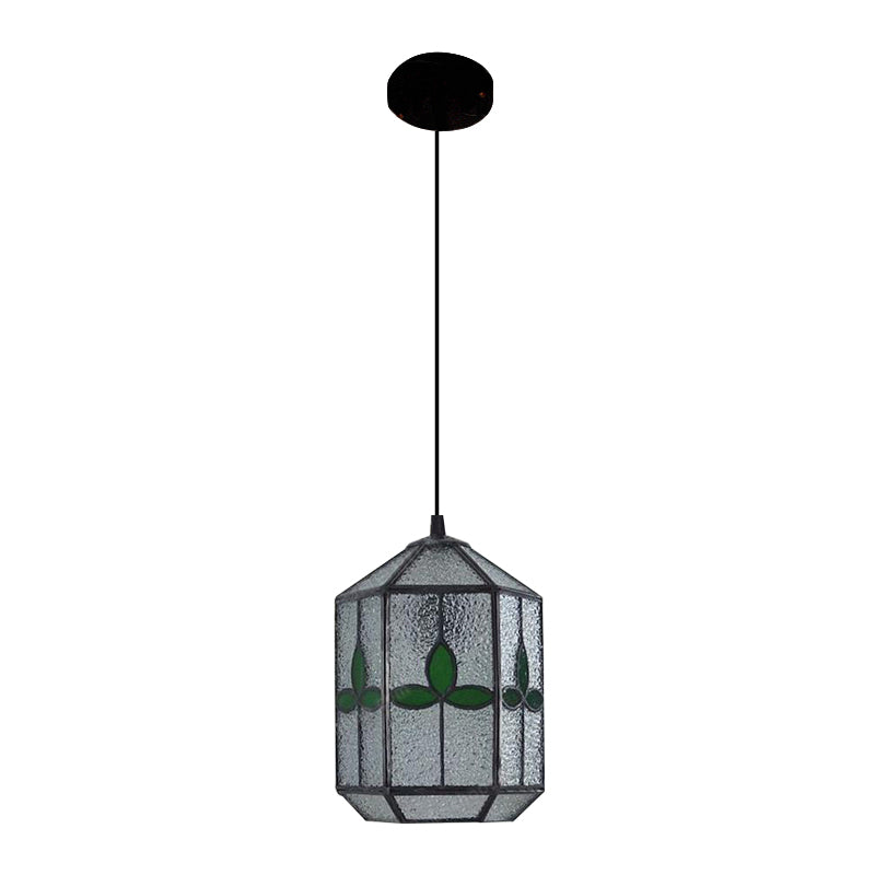 Tiffany Style Cylinder Hanging Light with Rhombus/Leaf Pattern - 1 Red/Green Down Light on Stainless Glass