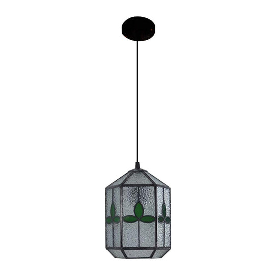 Tiffany Style Red/Green Stained Glass Hanging Light - 1-Light Stainless Cylinder Pendant With