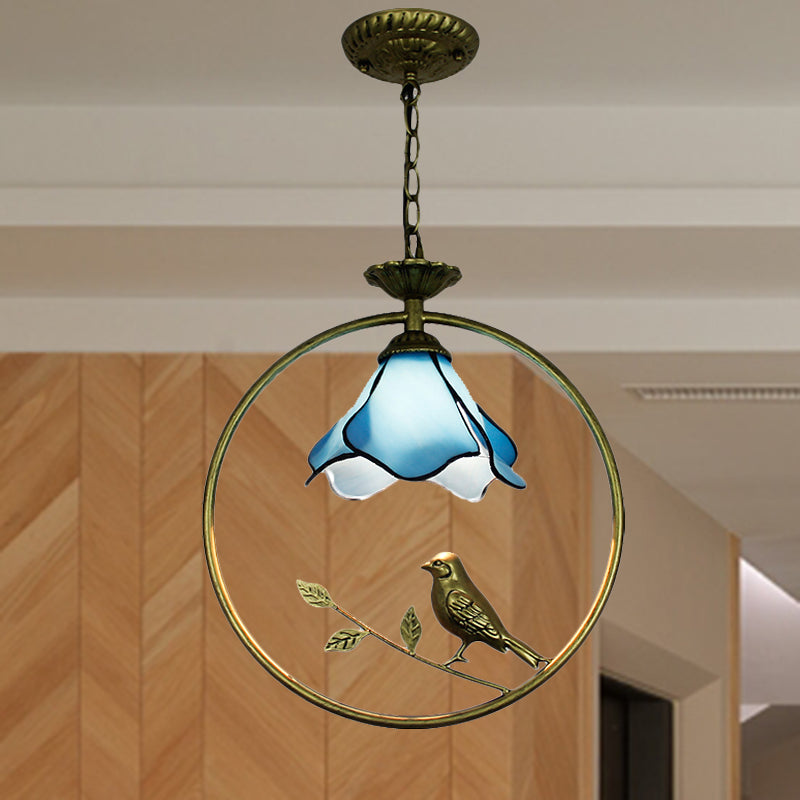 Blue Petal Tiffany Style Hanging Light Fixture - Handcrafted Art Glass Ceiling Lamp With Metal Ring