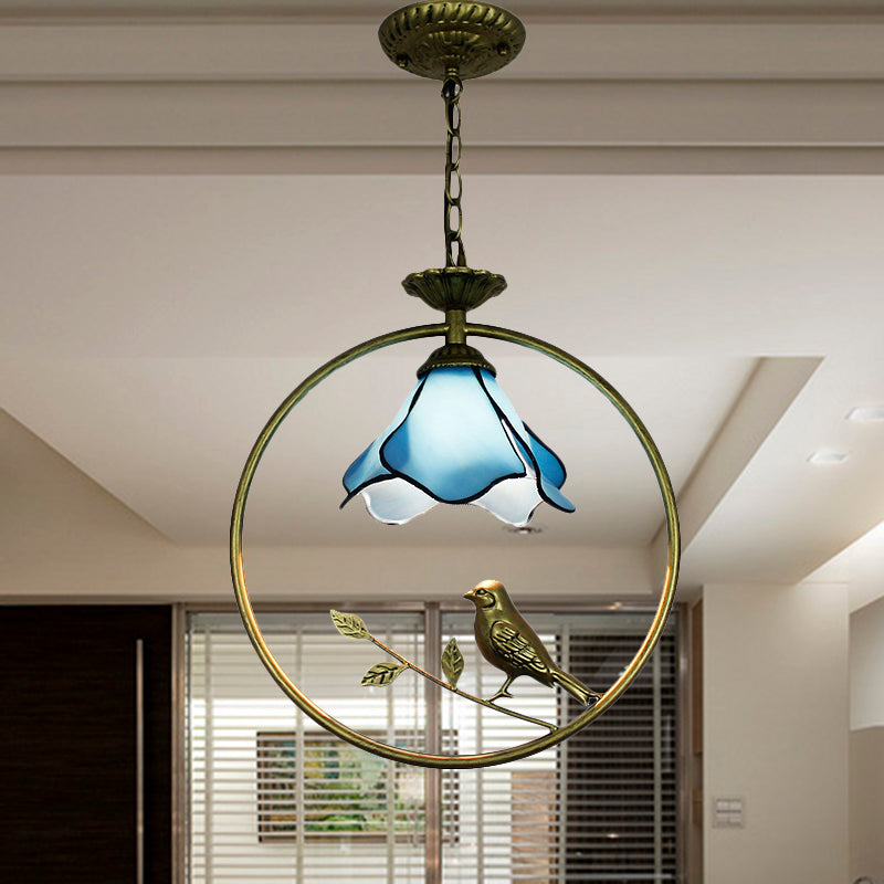 Stylish Blue Petal Tiffany Hanging Light Fixture - Handcrafted Art Glass Ceiling Lamp with Metal Ring