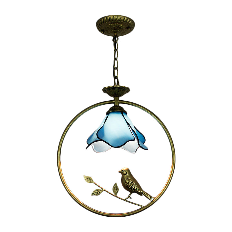 Stylish Blue Petal Tiffany Hanging Light Fixture - Handcrafted Art Glass Ceiling Lamp with Metal Ring