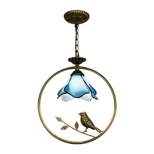 Blue Petal Tiffany Style Hanging Light Fixture - Handcrafted Art Glass Ceiling Lamp With Metal Ring