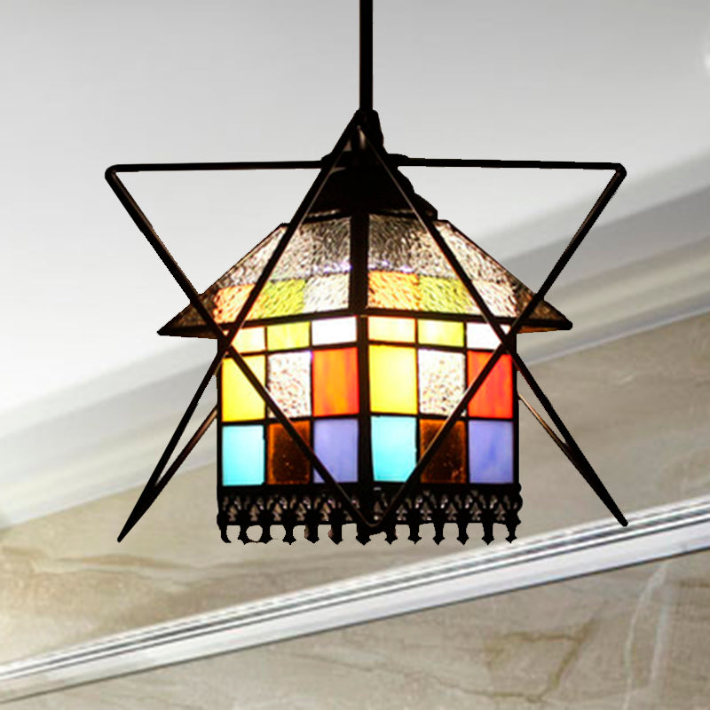 1-Light Stained Glass House Pendant Tiffany Ceiling Lamp with Wire Deco - Creative and Elegant