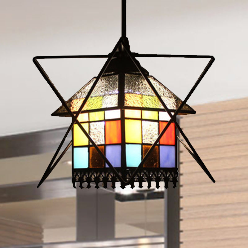 1-Light Stained Glass House Pendant Tiffany Ceiling Lamp with Wire Deco - Creative and Elegant