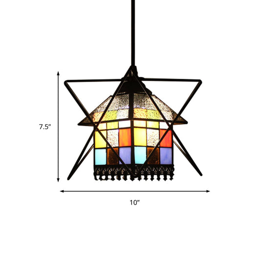 1-Light Stained Glass House Pendant Tiffany Ceiling Lamp with Wire Deco - Creative and Elegant