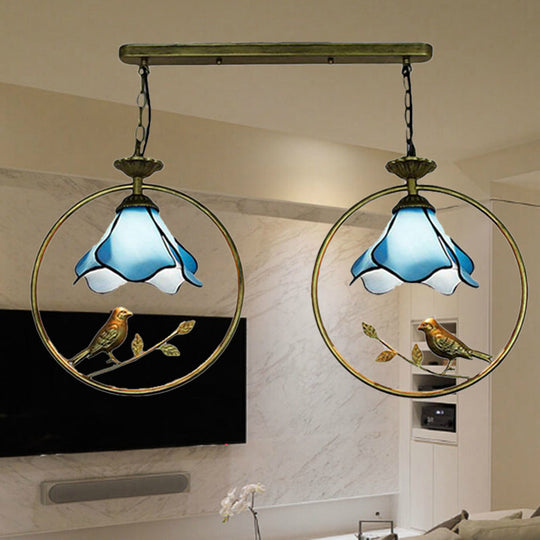 Tiffany Blossom Pendant Lamp with Little Bird Glass Hanging Light in Blue - Perfect for Kitchen Decor