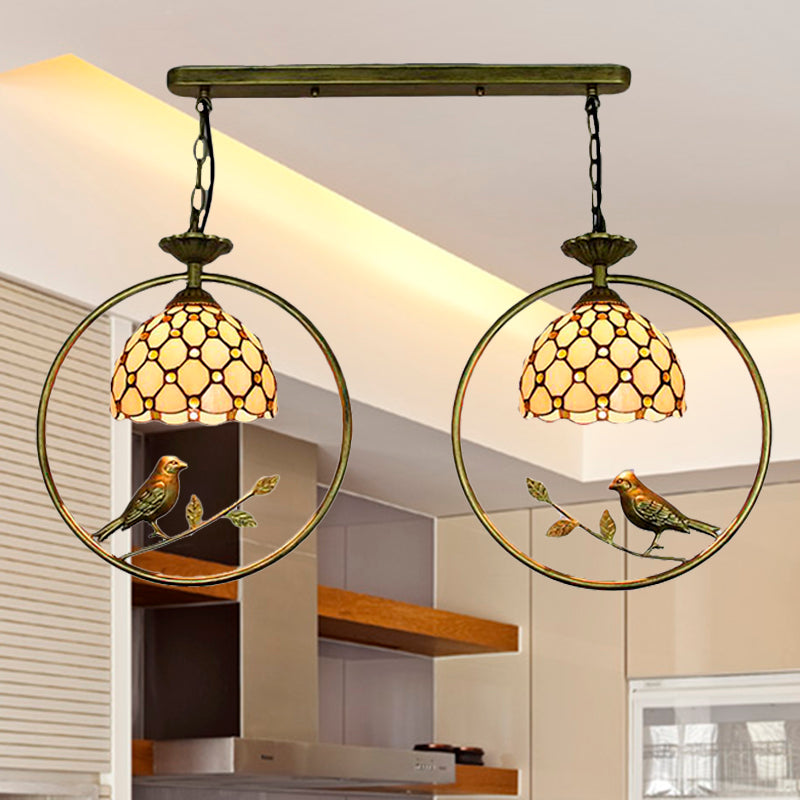 Rustic Dome Pendant Light with Bird Detail - Tiffany Glass, Two Lights, Perfect for Beige Restaurant Ceiling