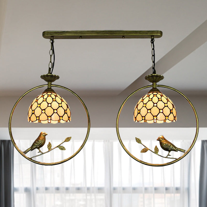 Rustic Dome Pendant Light with Bird Detail - Tiffany Glass, Two Lights, Perfect for Beige Restaurant Ceiling