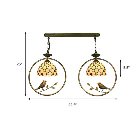 Rustic Dome Pendant Light with Bird Detail - Tiffany Glass, Two Lights, Perfect for Beige Restaurant Ceiling