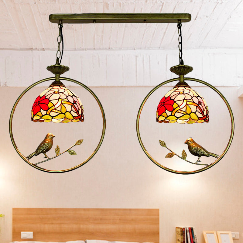 Rustic Multi-Colored Hanging Light with Little Bird Blossom - 2-Light Tiffany Glass Pendant - Hotel Décor