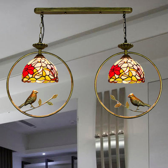 Rustic Multi-Colored Tiffany Glass Pendant Light With Little Bird Blossom - 2 Lights Ideal For