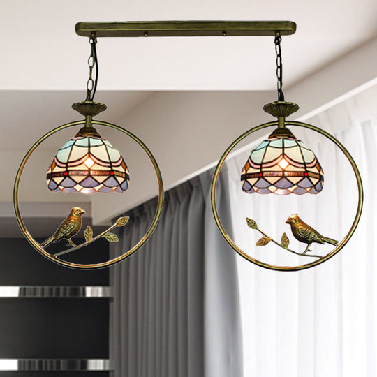 Vintage Victorian Hanging Light with Bird Detailing - 2 Bulb Tiffany Stained Glass Suspension Light for Bookstore