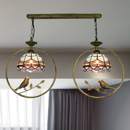 Vintage Victorian Hanging Light with Bird Detailing - 2 Bulb Tiffany Stained Glass Suspension Light for Bookstore