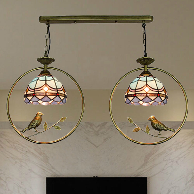 Vintage Victorian Hanging Light with Bird Detailing - 2 Bulb Tiffany Stained Glass Suspension Light for Bookstore