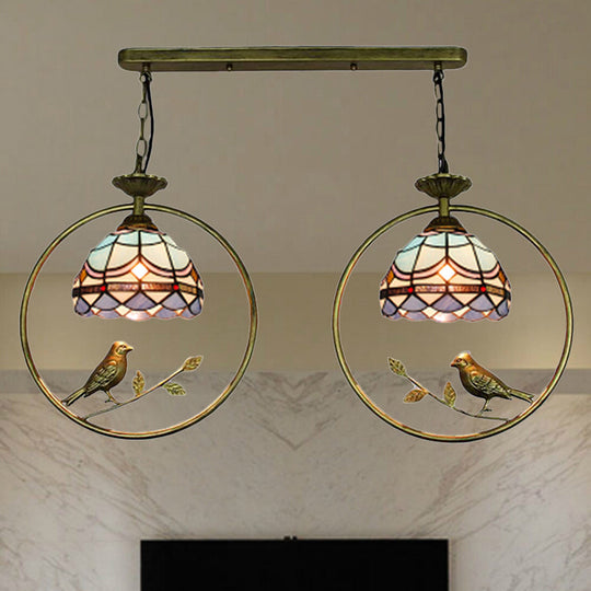 Victorian Little Bird Tiffany Stained Glass Suspension Light With 2 Bulbs - Ideal For Bookstore