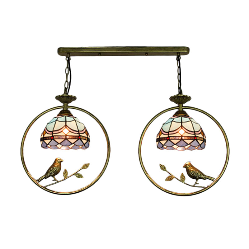 Vintage Victorian Hanging Light with Bird Detailing - 2 Bulb Tiffany Stained Glass Suspension Light for Bookstore