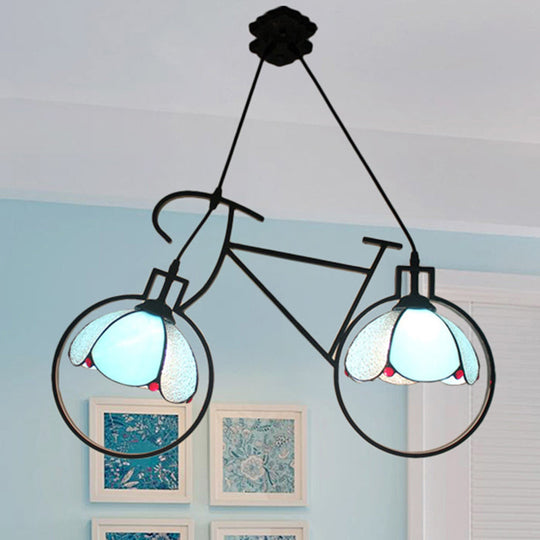 Blue Metal Bicycle Pendant Light with 2 Bowl-Shade Lights: Perfect for Child's Bedroom!