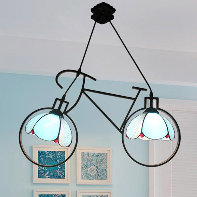 Blue Metal Bicycle Pendant Light With Bowl Shade For Child Bedroom - 2 Lights Creative Hanging