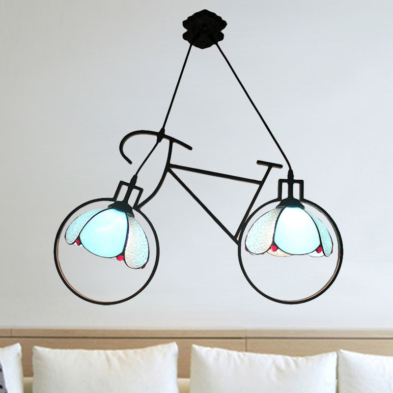 Blue Metal Bicycle Pendant Light with 2 Bowl-Shade Lights: Perfect for Child's Bedroom!