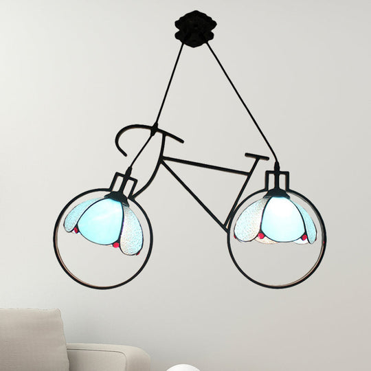 Blue Metal Bicycle Pendant Light with 2 Bowl-Shade Lights: Perfect for Child's Bedroom!