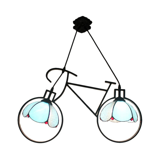 Blue Metal Bicycle Pendant Light with 2 Bowl-Shade Lights: Perfect for Child's Bedroom!