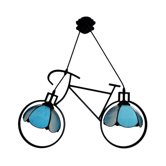 Blue Metal Bicycle Pendant Light with 2 Bowl-Shade Lights: Perfect for Child's Bedroom!