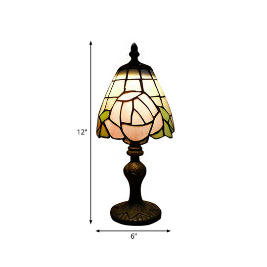 Rustic Stained Glass Rose Table Lamp - White & Pink Bedside Accent