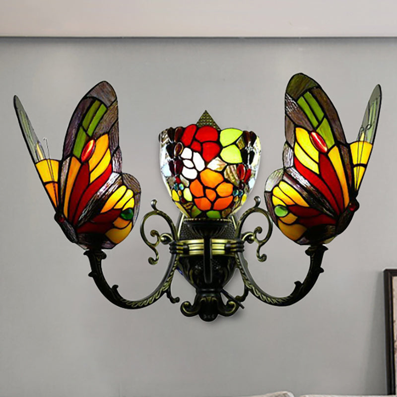 Tiffany Stained Glass Butterfly Wall Sconce With 3 Lights And Brass Finish For Porch Lighting