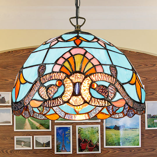 Tiffany Pendant Lighting for Kitchen Island - Sky Blue/Dark Blue Stained Glass Floral Ceiling Fixture + Metal Hanging Chain