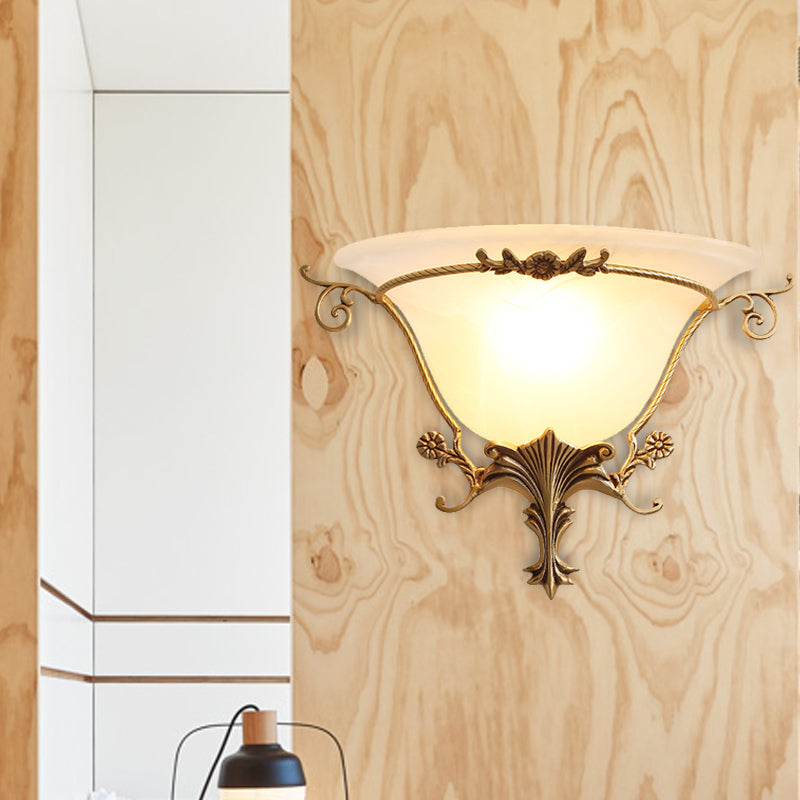 Trumpet Flare Sconce Light With Traditionary Milk Glass Brass Finish And Vine Decoration