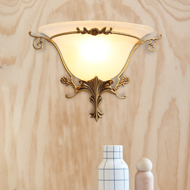 Trumpet Flare Sconce Light With Traditionary Milk Glass Brass Finish And Vine Decoration