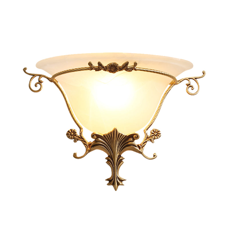 Trumpet Flare Sconce Light With Traditionary Milk Glass Brass Finish And Vine Decoration