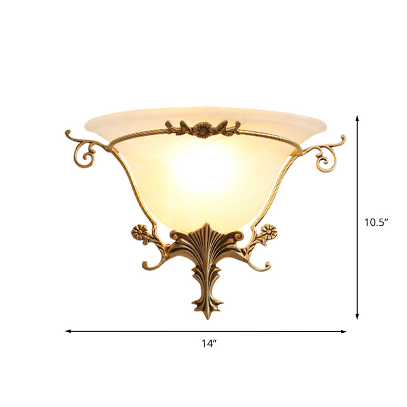 Trumpet Flare Sconce Light With Traditionary Milk Glass Brass Finish And Vine Decoration