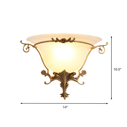 Trumpet Flare Sconce Light With Traditionary Milk Glass Brass Finish And Vine Decoration