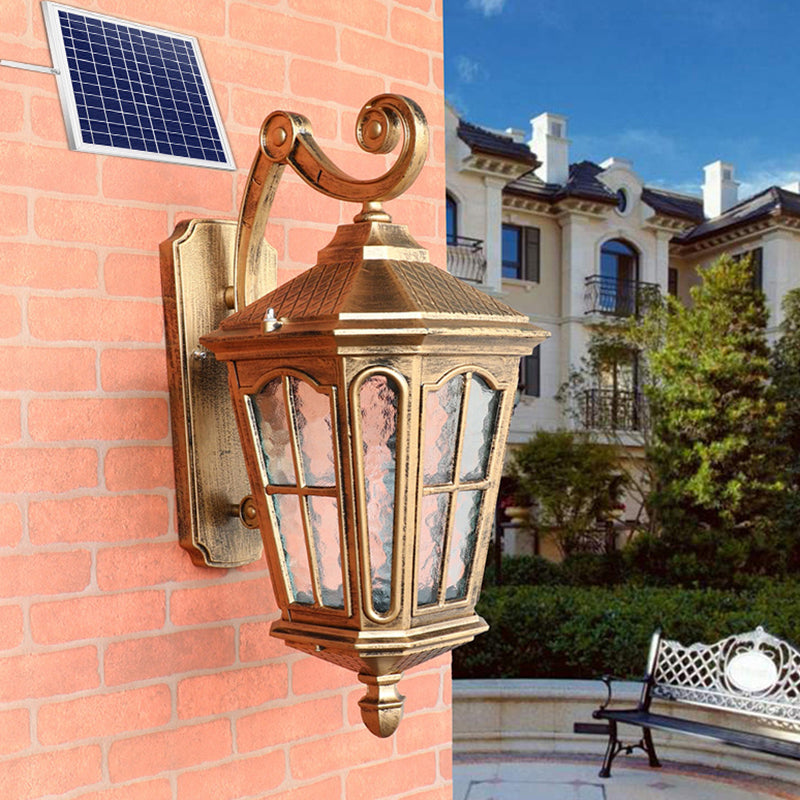 Antique Bronze Tapered Outdoor Wall Lantern With Rippled Glass - Solar Led Patio Light Fixture